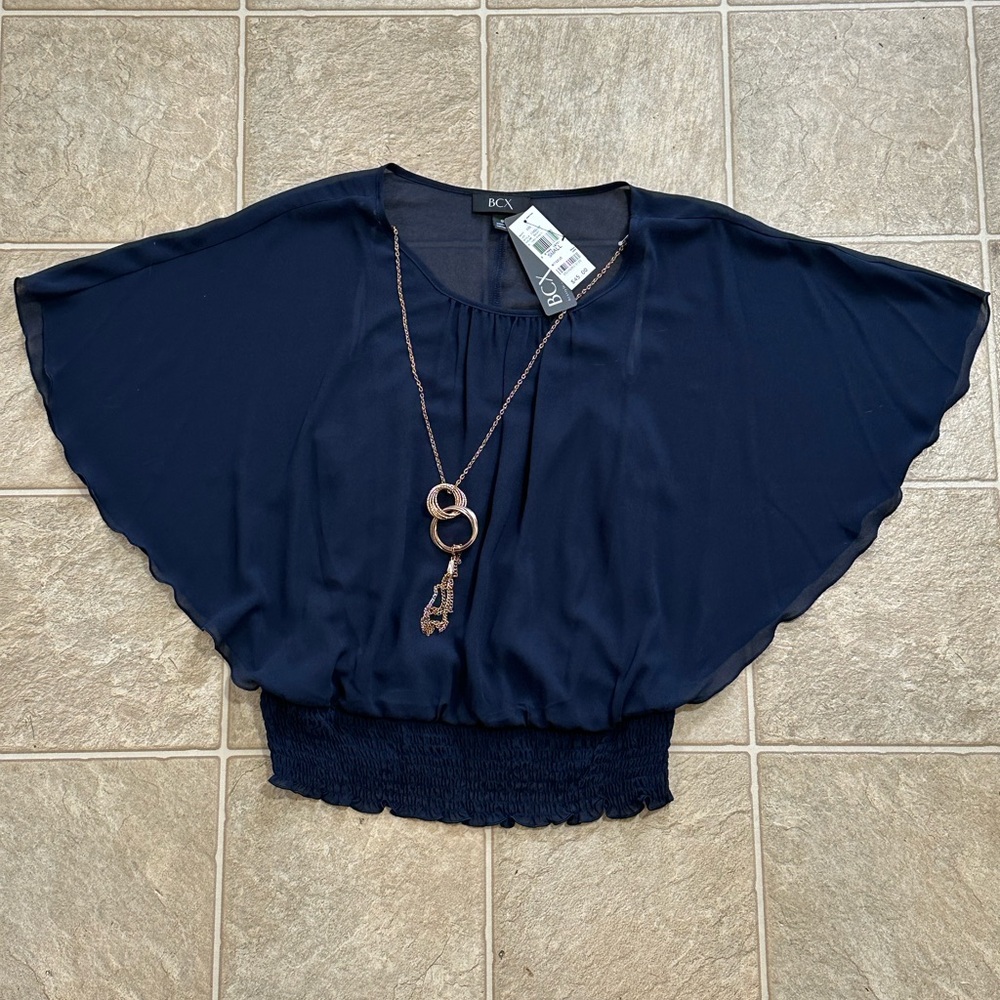 NWT BCX Navy Blouse With Jewelry Sz S